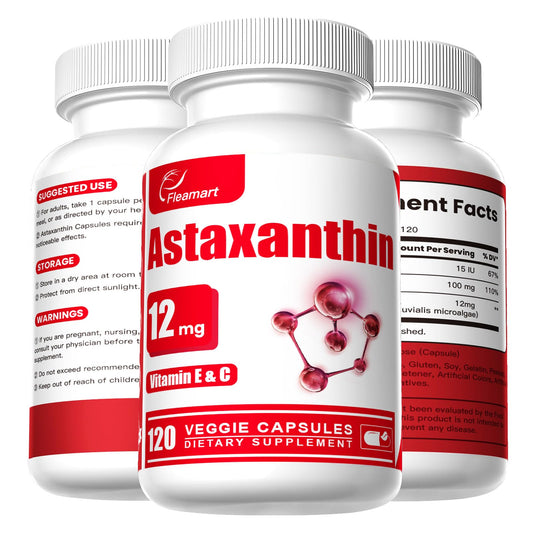 Fleamart Astaxanthin 12mg with Vitamin E & C – 120 Capsules (Vegan, Gluten Free, Non-GMO)