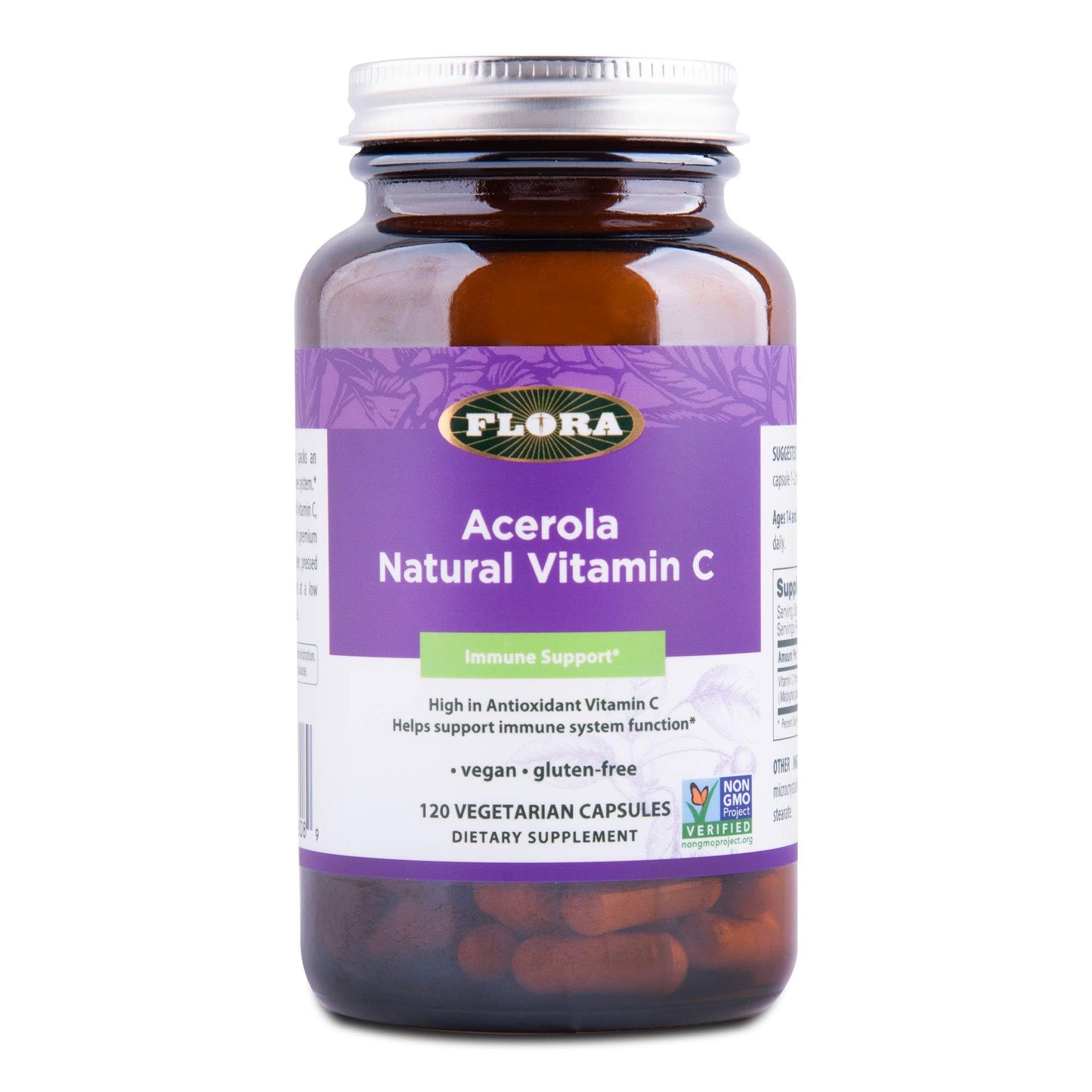 Flora Health Acerola Natural Vitamin C — Daily Immune Booster, Gluten Free & Vegan, 120 Capsules