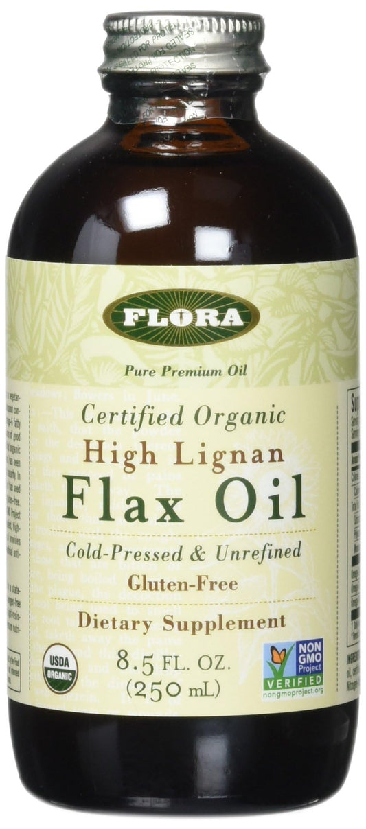 Flora Health Organic High Lignan Flax Seed Oil – Cold Pressed, Gluten Free, 17 fl oz Glass Bottle