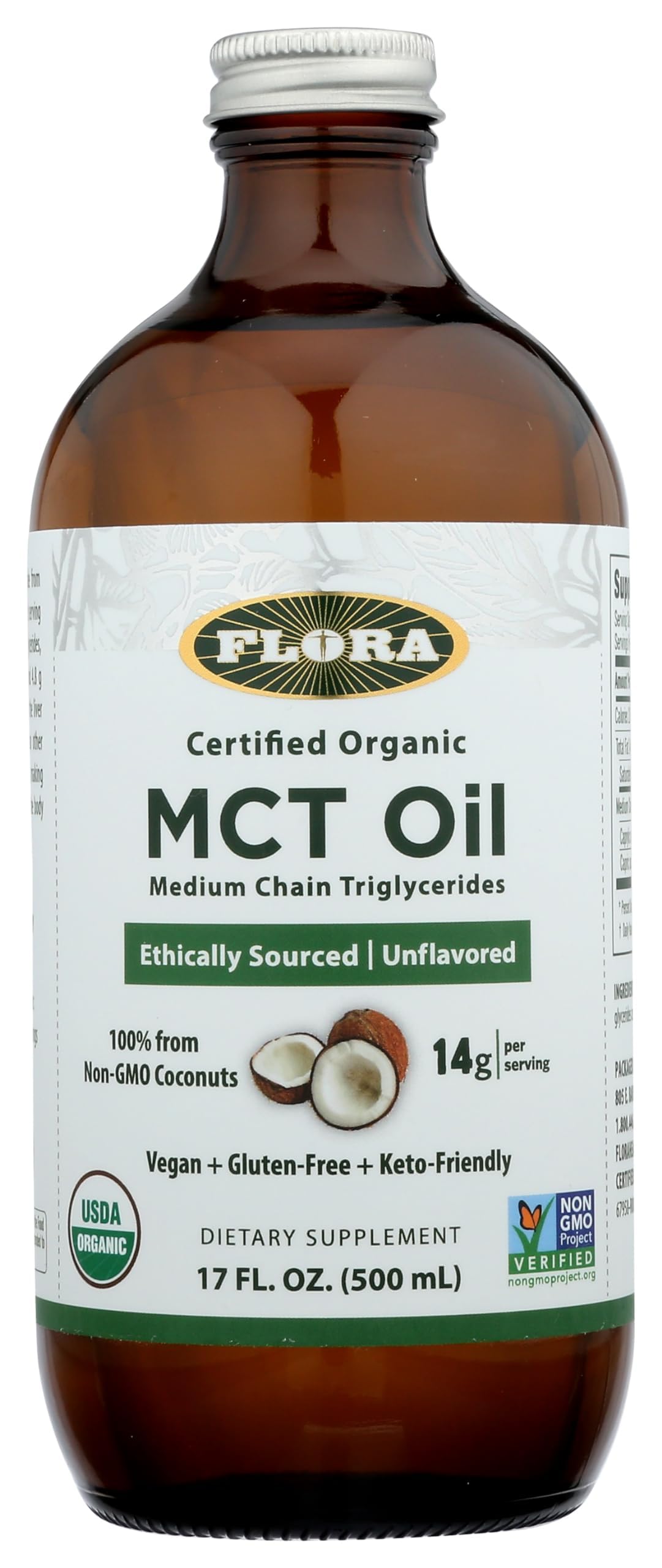 Flora Health MCT Oil Organic Energy Boost - C8/C10, Keto, Kosher, Non-GMO, 17 oz Glass Bottle