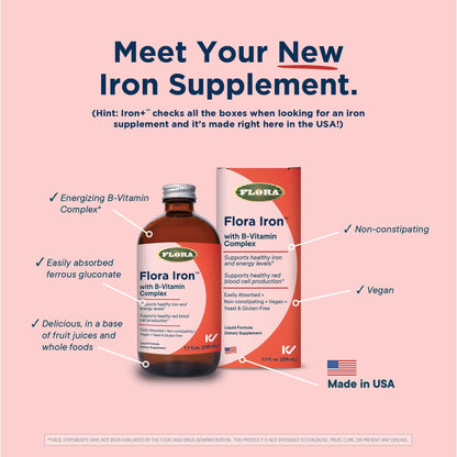 Flora Iron - Vegan Liquid Iron with B Vitamins | Red Blood Cell & Energy Support | Yeast-Free & Gluten-Free | 15 fl. oz. Glass Bottle