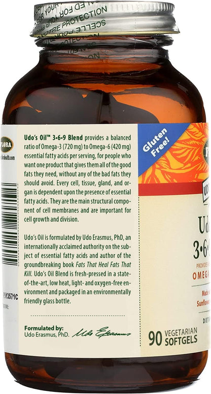 Flora Udo's Oil 3-6-9 Blend - Organic Coconut, Flax Seed Oil & More - 90 Vegetarian Softgels