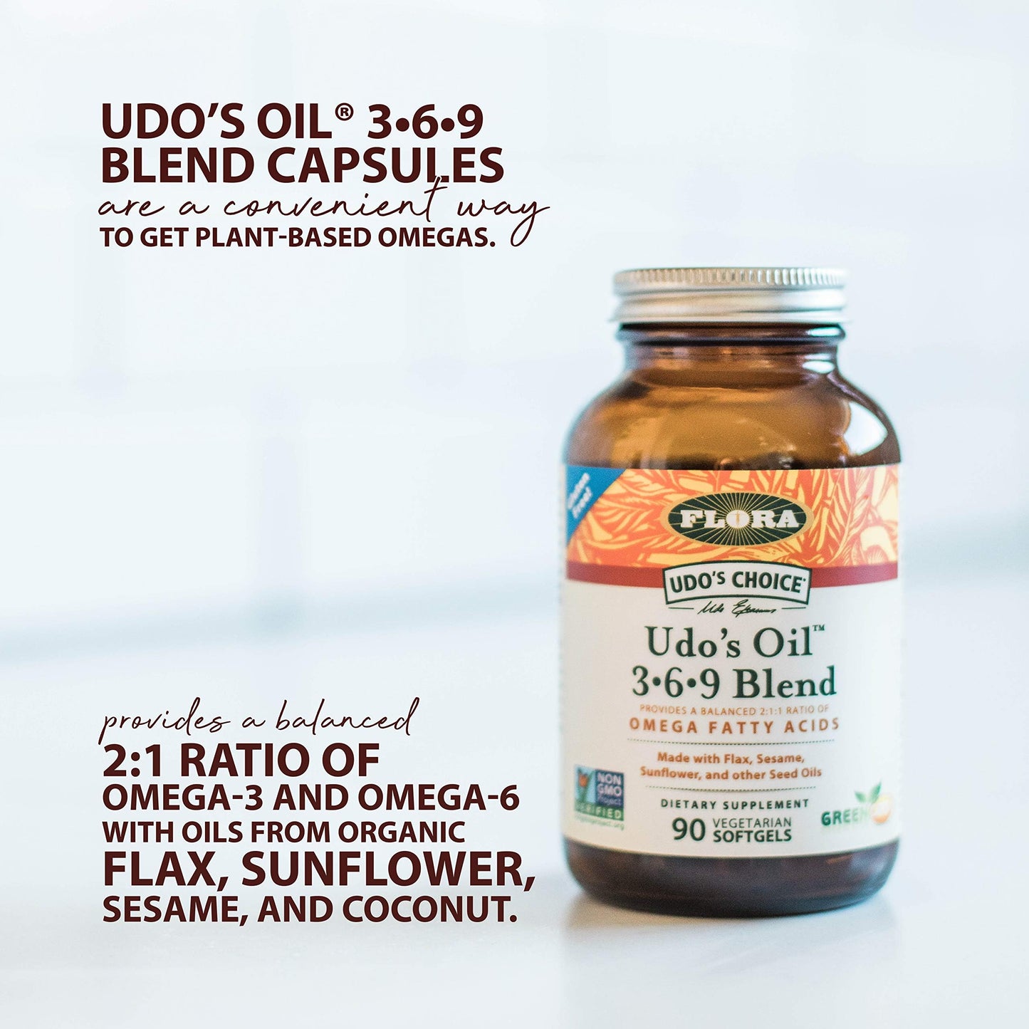 Flora Udo's Oil 3-6-9 Blend - Organic Coconut, Flax Seed Oil & More - 90 Vegetarian Softgels