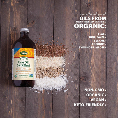 Flora Udo's Choice Omega 3-6-9 Oil Blend – Organic Flax, Sesame & Sunflower, 8.5 fl oz Glass Bottle