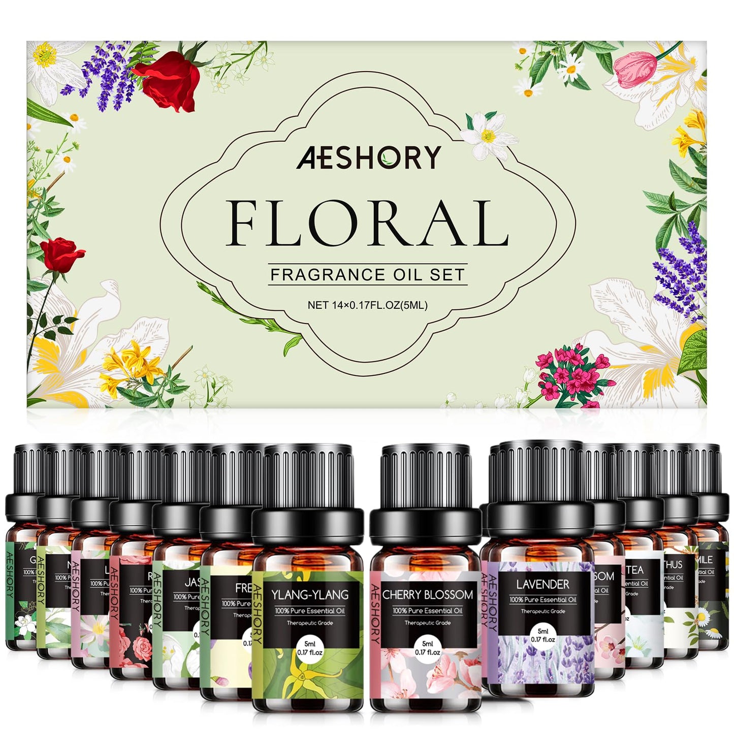Floral Essential Oils Set - 14 Pcs for Diffusers, Aromatherapy & Candle Making | Lavender, Rose, Jasmine