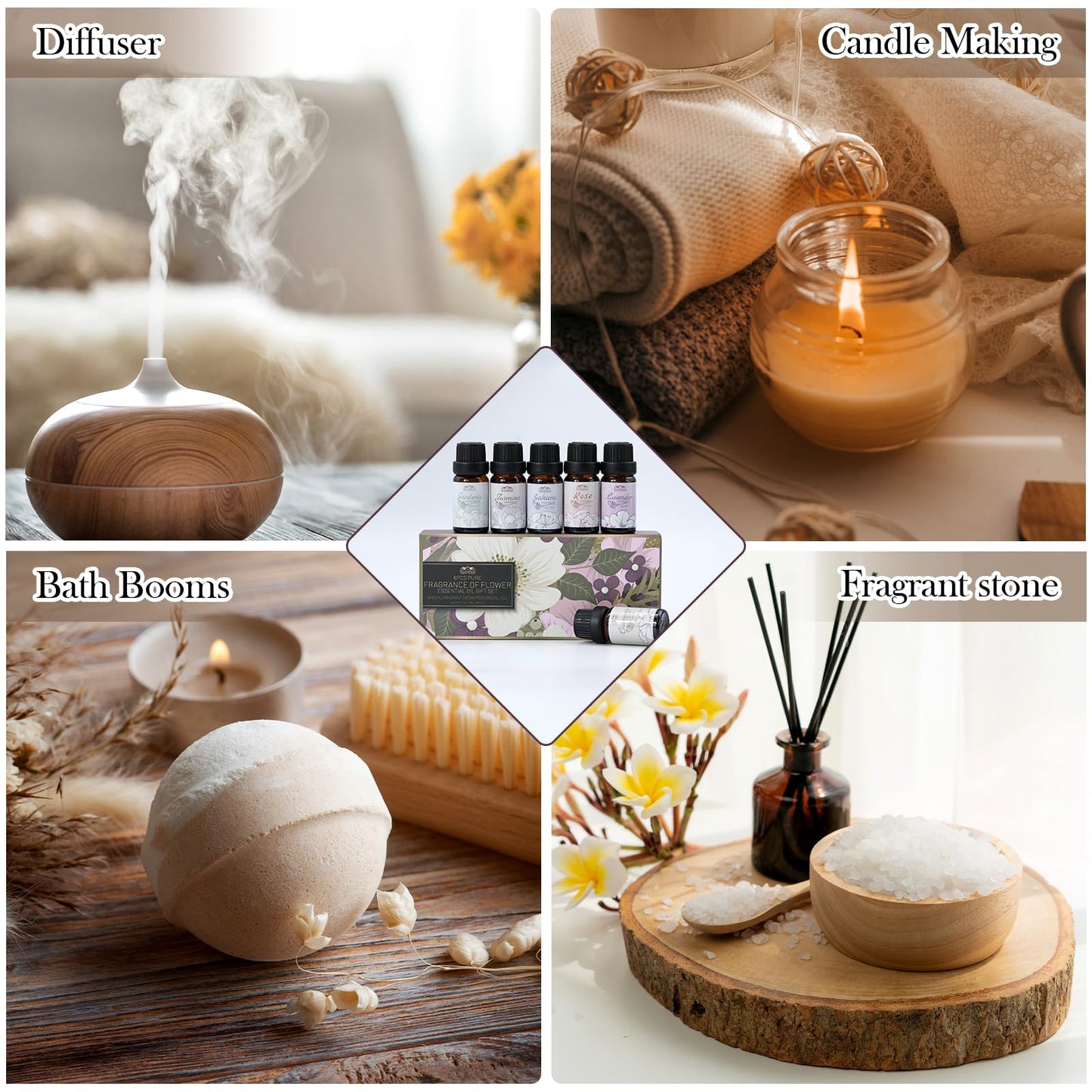 Floral Essential Oils Set – 6 x 10ml Diffuser Oils for Home, Hotel & Car (Lavender, Jasmine, Rose, Chamomile, Sakura, Gardenia)