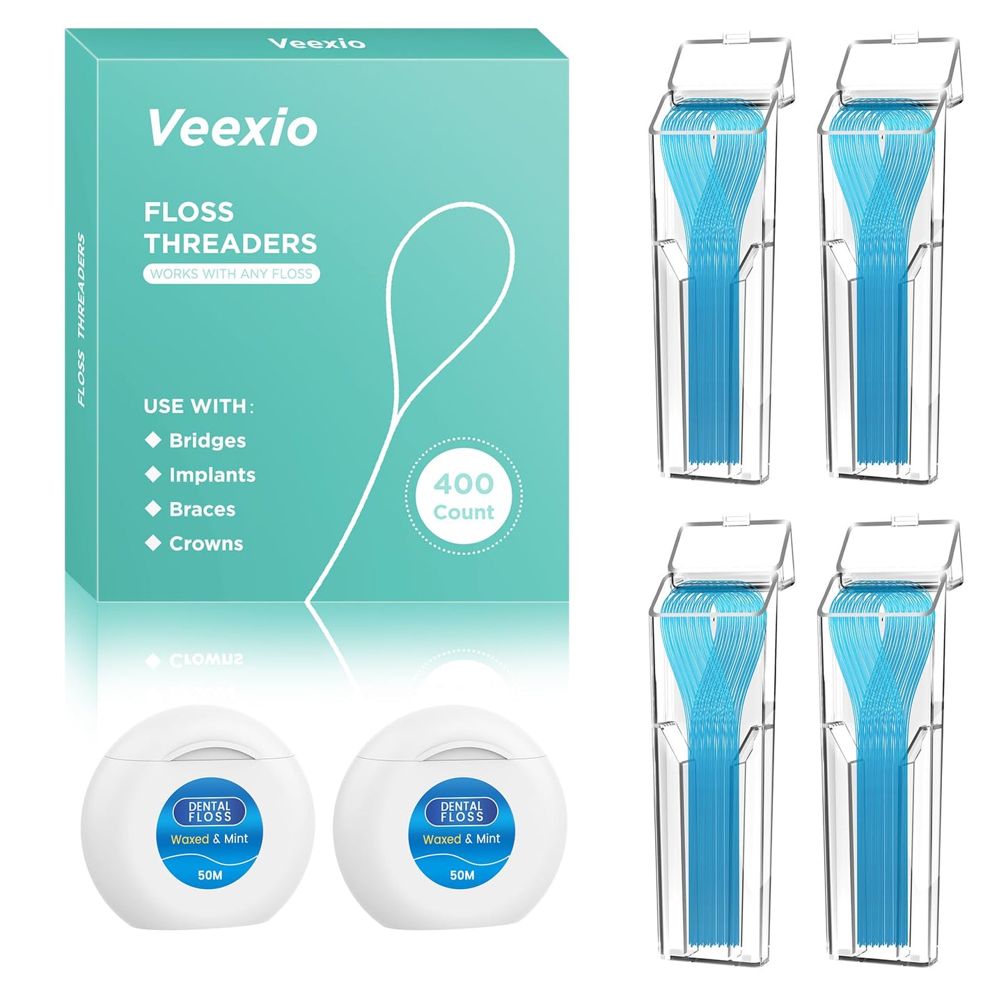 Floss Threaders 400 Count (4 Pack) + Mint Waxed Floss 50m - For Braces, Bridges, Implants & Permanent Retainers