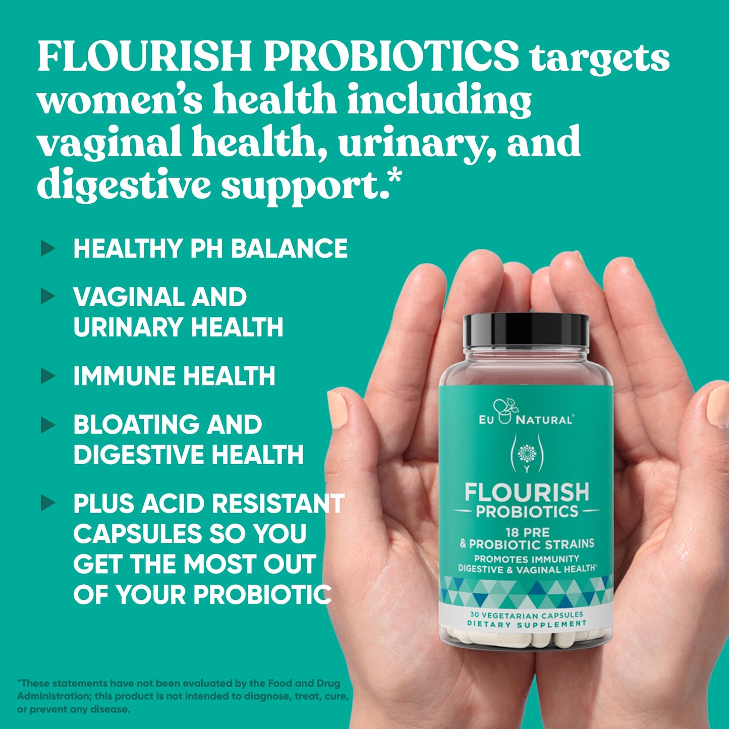 Flourish Probiotics + Prebiotics for Women – Gut & Urinary Health, Bloating Relief, Vaginal Wellness | 18 Strains, 14B CFU, 30 Mini Vegan Capsules