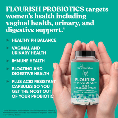 Flourish Probiotics + Prebiotics for Women – Gut & Urinary Health, Bloating Relief, Vaginal Wellness | 18 Strains, 14B CFU, 30 Mini Vegan Capsules