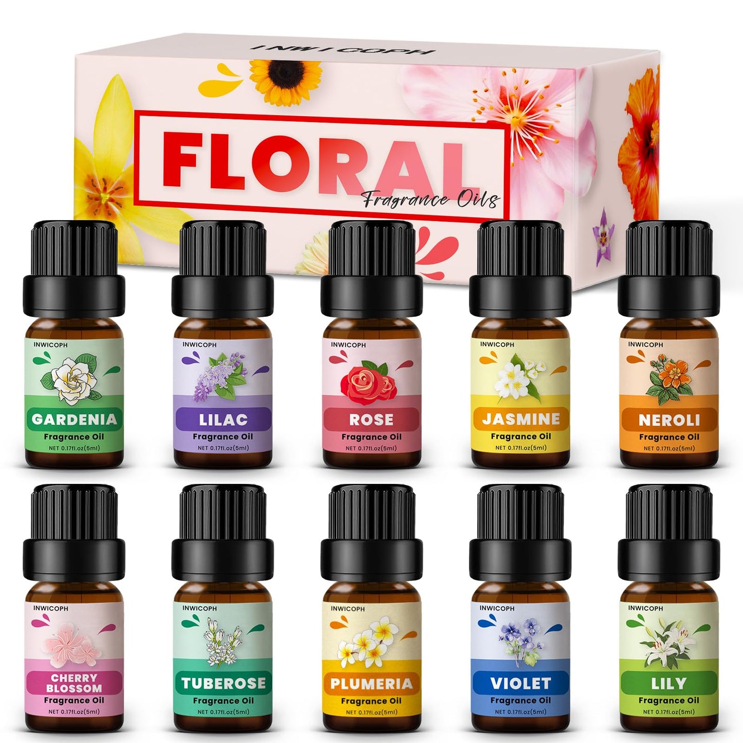Floral Essential Oils Set - INWICOPH Flower Fragrance Oils for Candles & Diffusers