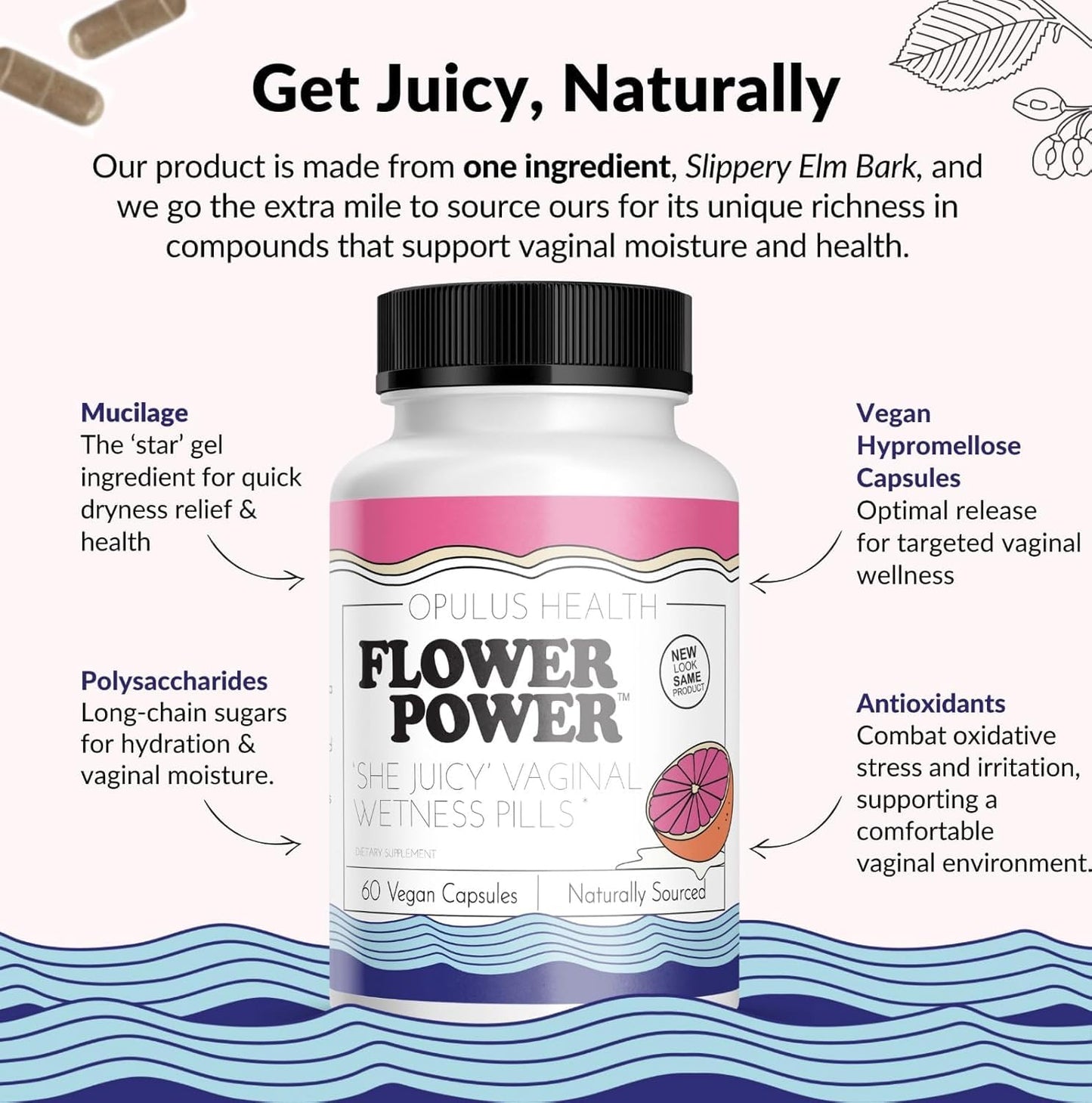 Flower Power Vaginal Moisturizer Capsules | 60 Count | End Vaginal Dryness with Slippery Elm Bark | Made in USA
