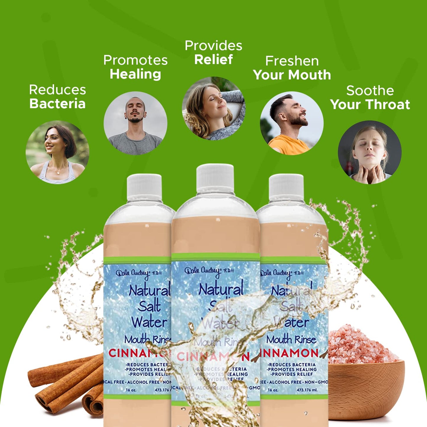 3 Pack Natural Saltwater Mouth Rinse – Himalayan Pink Salt Water Oral Rinse, Organic Cinnamon Flavor, Fluoride & Alcohol Free – 16 fl oz