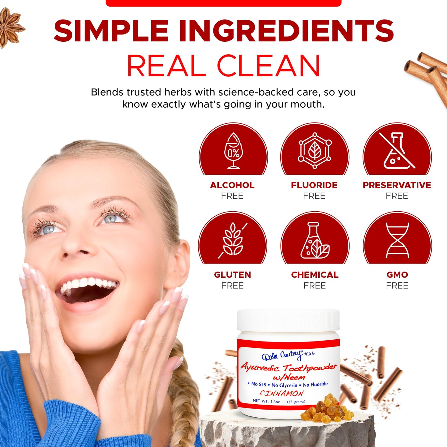 Ayurvedic Remineralizing Tooth Powder - Cinnamon Flavor for Sensitive Teeth | Organic Gum Health & Bad Breath Care | 1.3 Oz