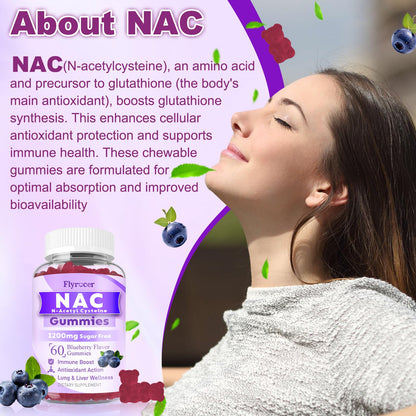 Flyrocer NAC Gummies 1200mg – Sugar-Free N-Acetyl Cysteine for Immune Support & Liver Health, Blueberry Flavor, 60 Count