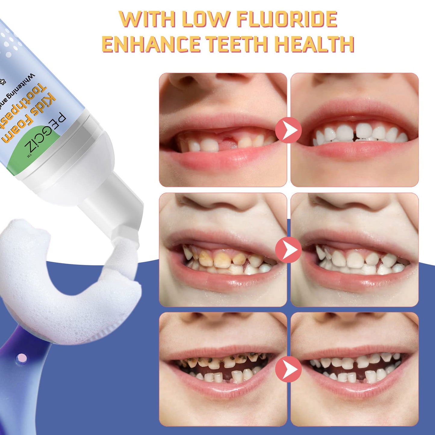 Foam Toothpaste for Kids – Blueberry, 2 Pack, Low Fluoride, U‑Shaped Brush