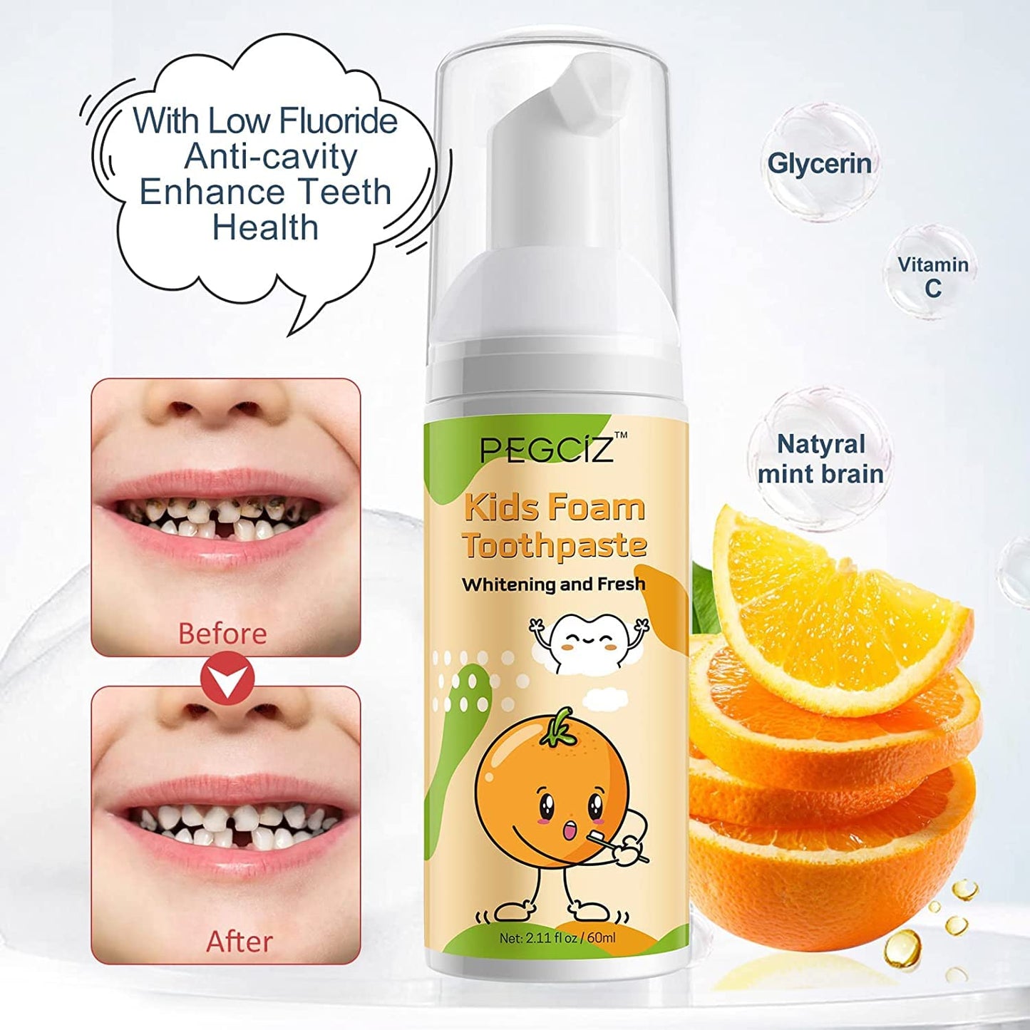 Foam Toothpaste for Kids – Low Fluoride, U‑Shaped Toothbrush, Fruit Flavor