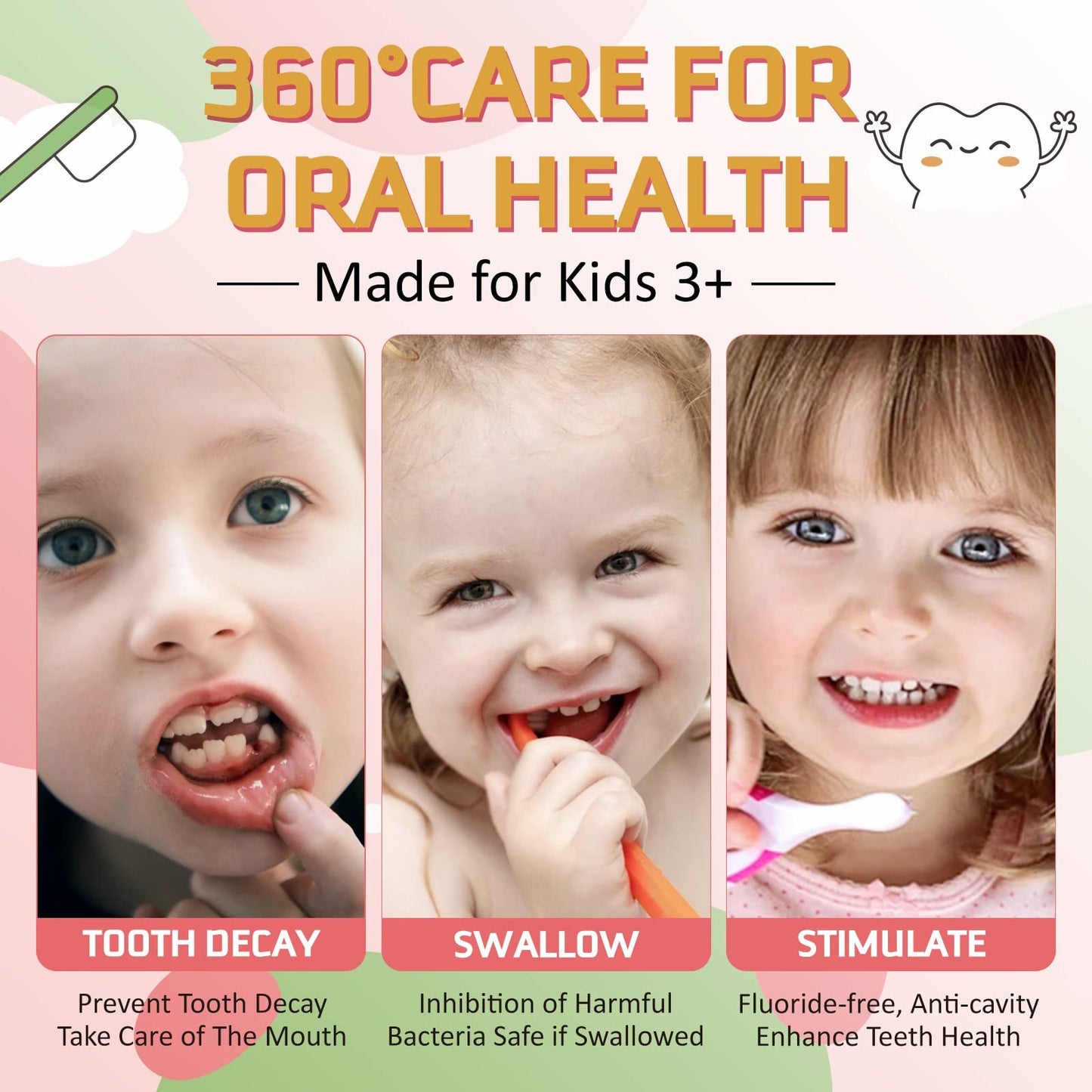 Foam Toothpaste Kids – Fruit Flavor Mouthwash for Toddlers | 360°Care Anti-Cavity with Fluoride