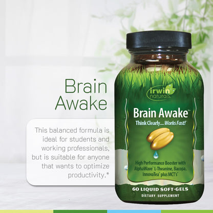 Irwin Naturals Brain Awake - 60 Liquid Softgels | Enhanced Focus, Clarity & Mental Performance