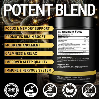 High Strength Lion's Mane Gummies with Ashwagandha & L-Theanine – Focus & Memory