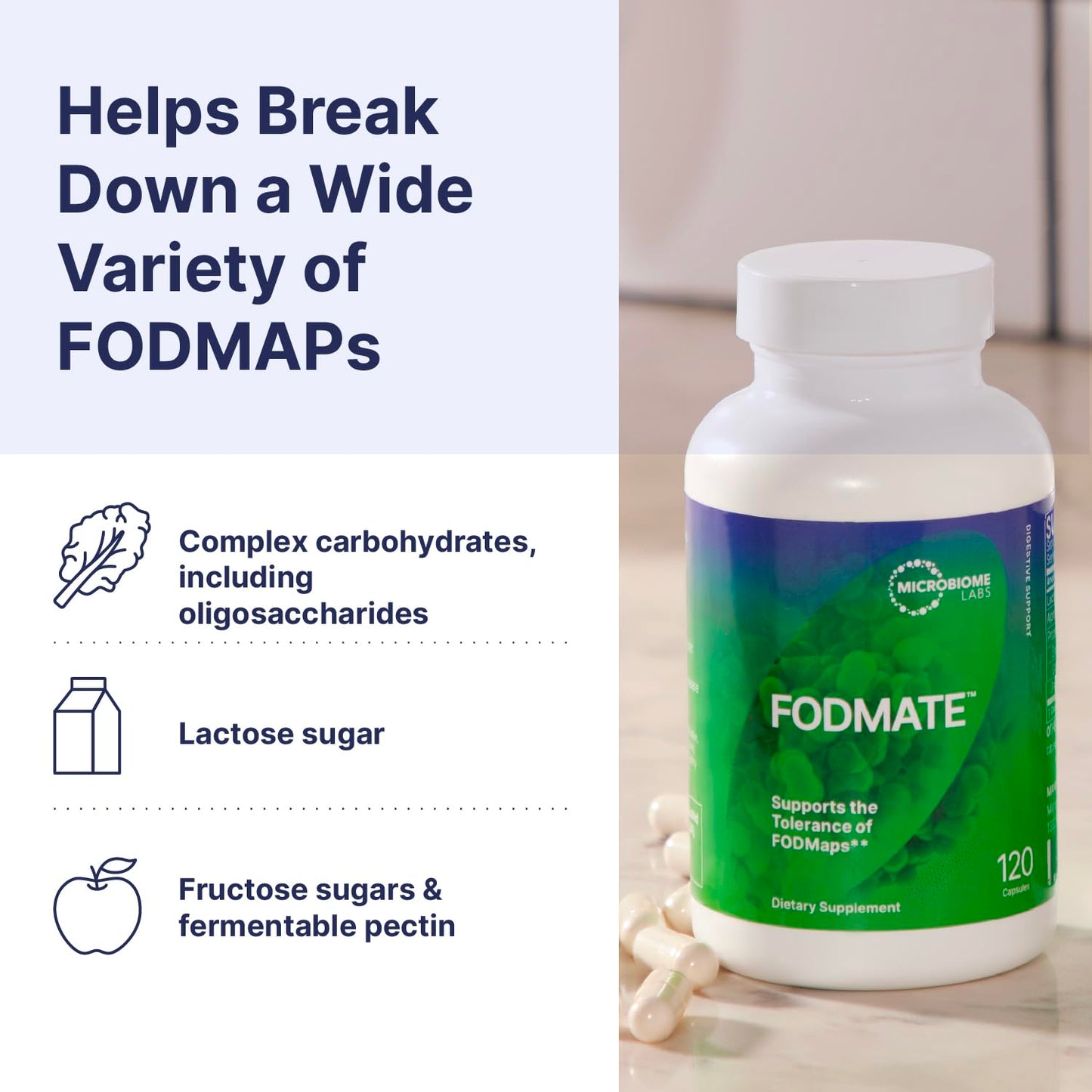Microbiome Labs FODMATE Digestive Enzymes for Women & Men — Low FODMAP Support (120 Capsules)