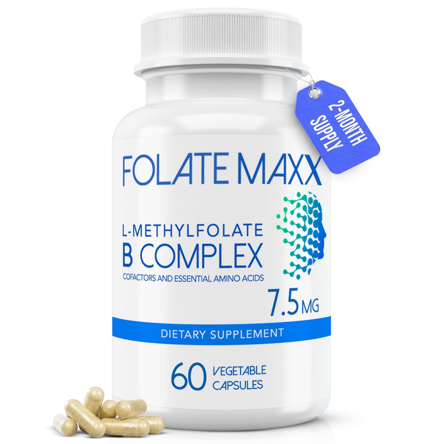 FolateMaxx L-Methylfolate 7.5mg with B Complex – 60 Capsules | Non-GMO, Gluten Free | 2-Month Supply