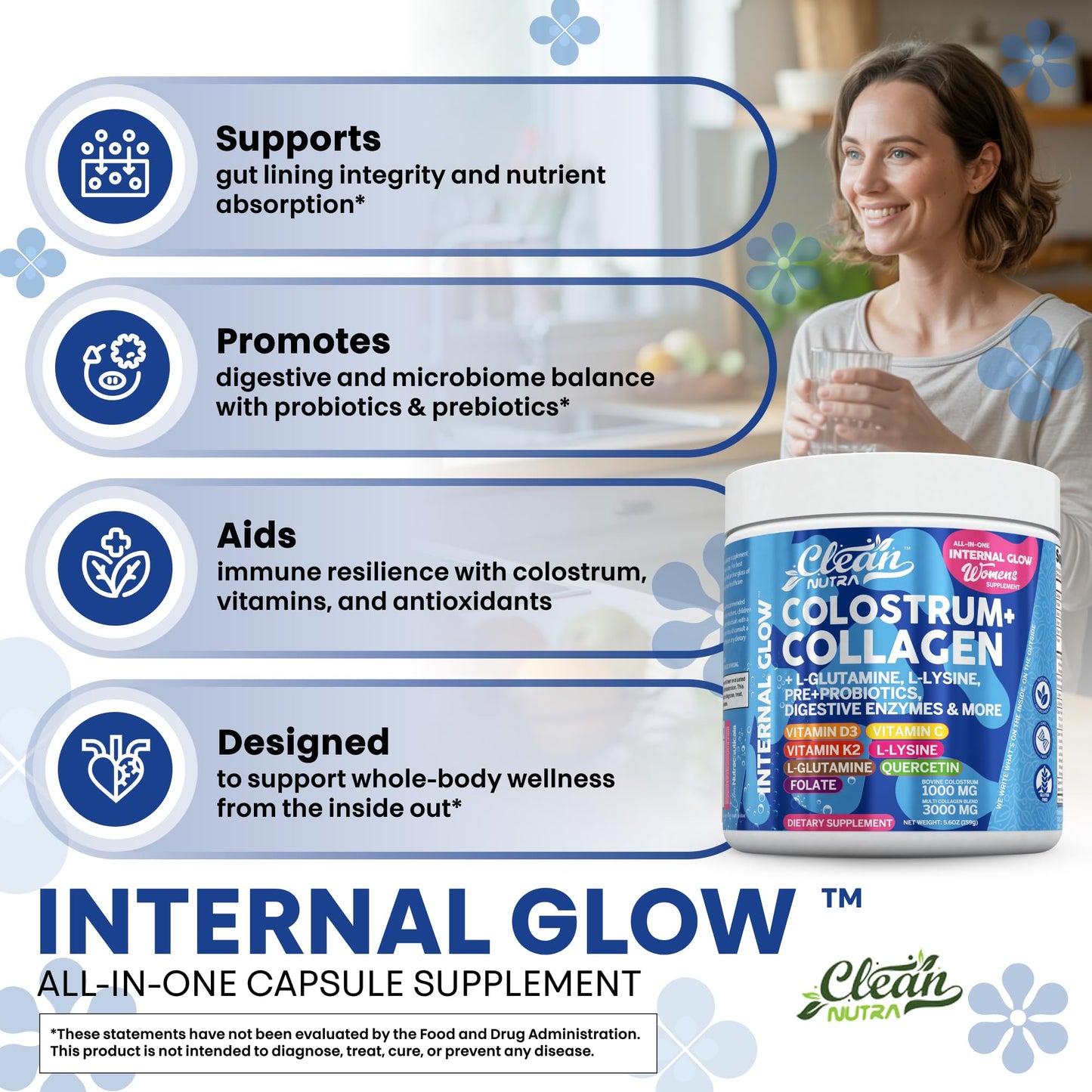 Bovine Colostrum Powder + Collagen Peptides with L-Glutamine – Gut Health Supplement | Clean Nutra