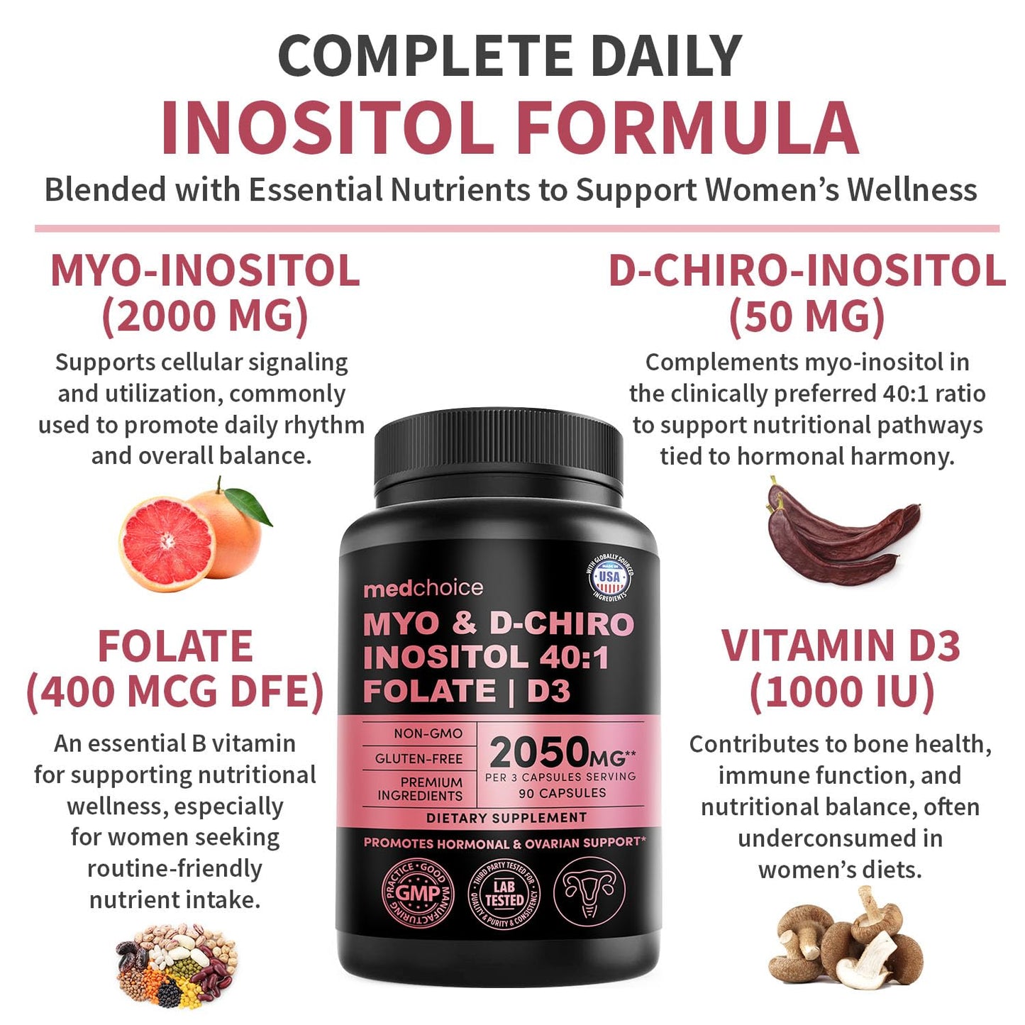 4-in-1 Inositol for Women | 40:1 Myo-Inositol & D-Chiro + Folate + Vitamin D3 (90 Count) - Vegan