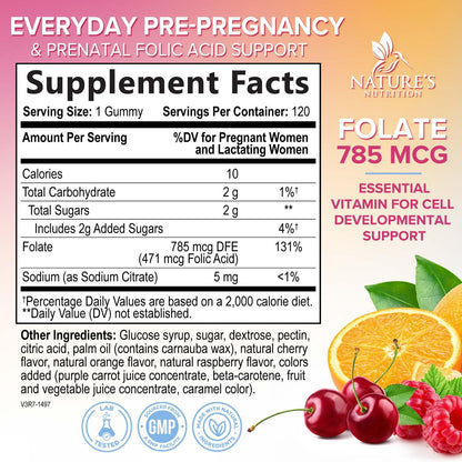 Folic Acid Gummies for Women 785mcg – Vegan Prenatal Vitamins (120 Gummies)