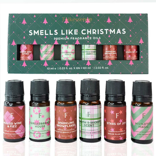 Folkulture Christmas Essential Oils for Diffuser – 6 x 2 oz Set (Vanilla, Cinnamon, Pine & Eucalyptus)