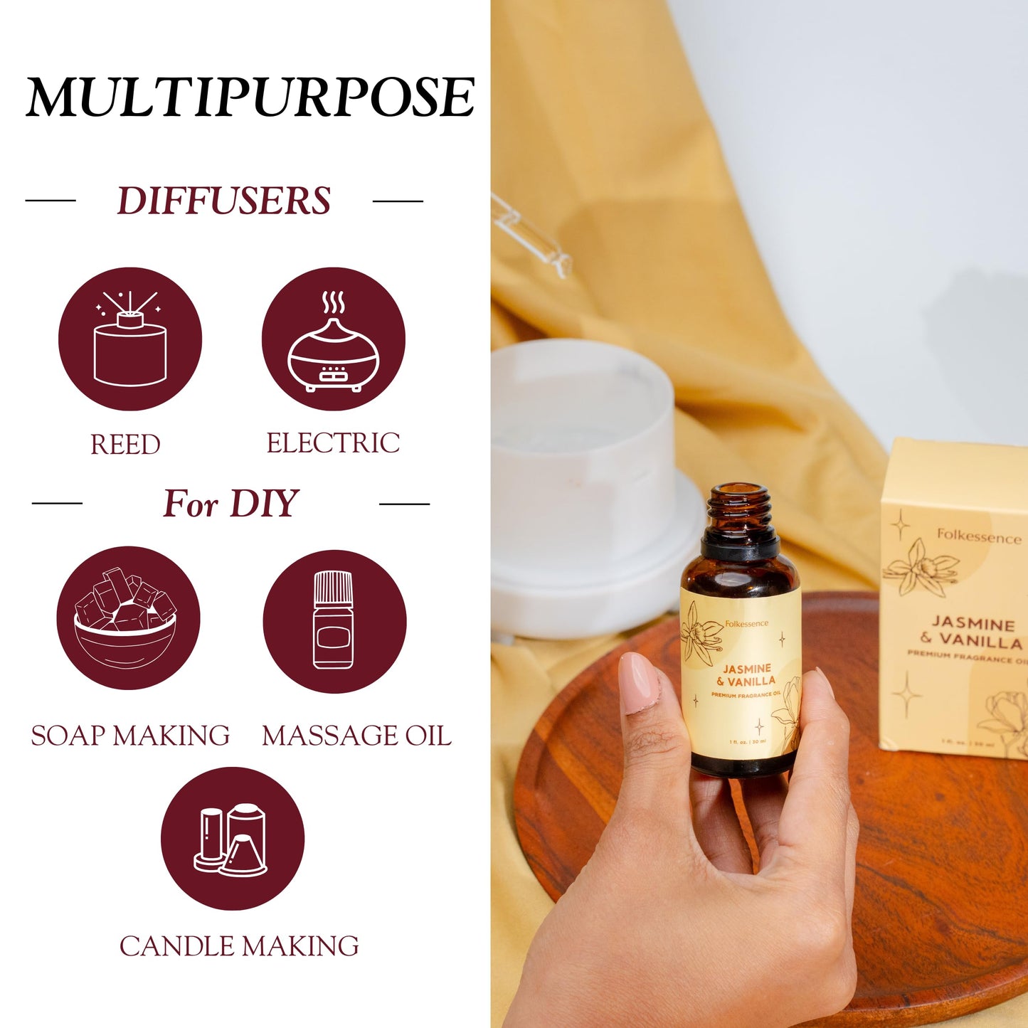 Folkulture Jasmine & Vanilla Essential Oil 30ml (Pack of 1) | Aromatherapy Diffuser Oil