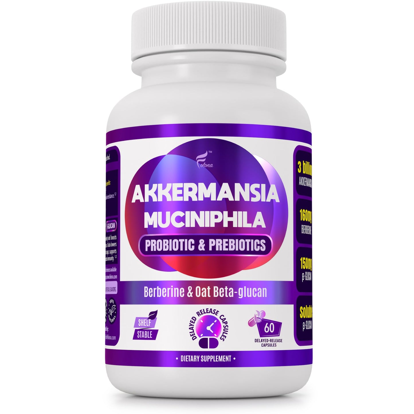 FOLONA Akkermansia GLP-1 Probiotic with Berberine & Beta-Glucan – Delayed-Release, 60 Capsules