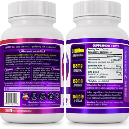 FOLONA Akkermansia GLP-1 Probiotic with Berberine & Beta-Glucan – Delayed-Release, 60 Capsules