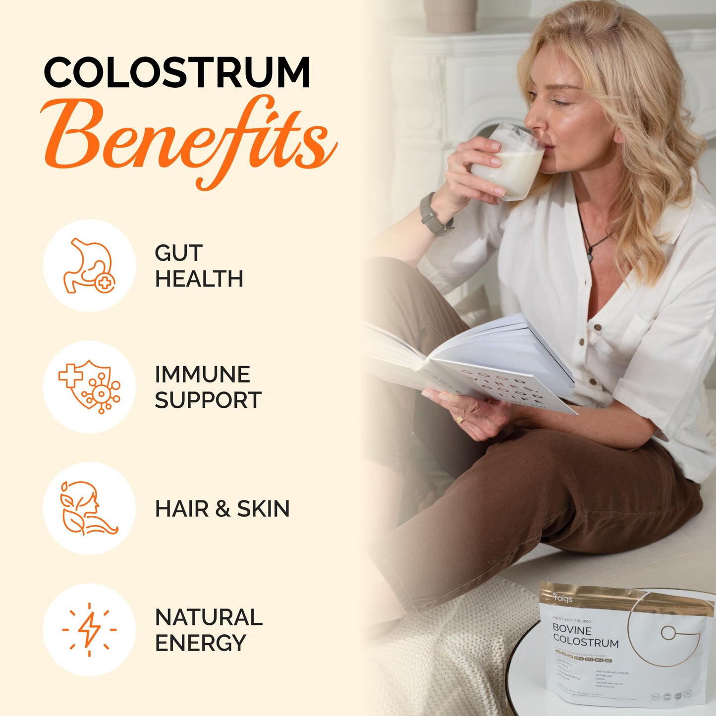 Folqs Bovine Colostrum Powder — First-Day Milking for Immune & Gut Support, 60 Servings, Made in USA