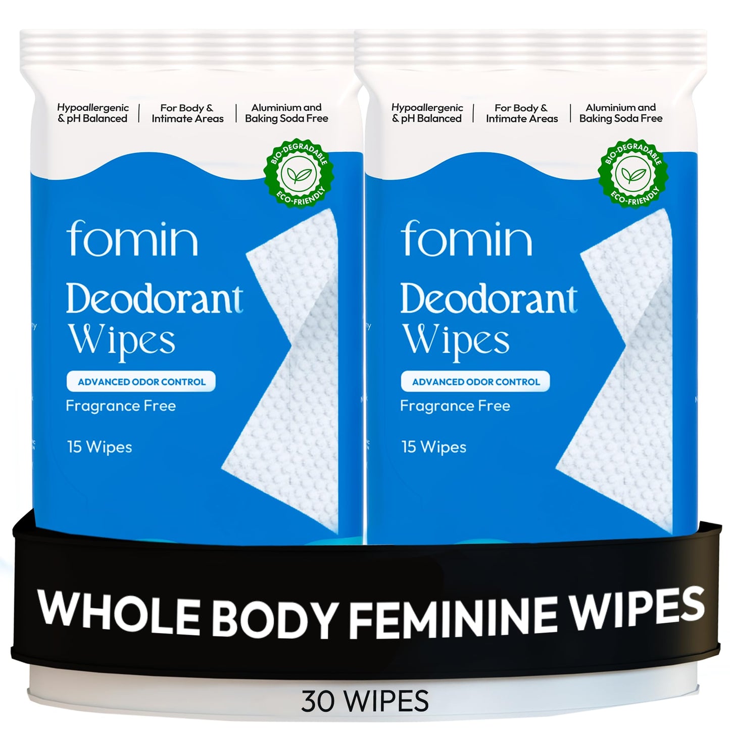 FOMIN Acidified Deodorant Wipes for Women – Fragrance Free, Aluminum-Free, pH-Balanced, Plastic-Free (30 Count)