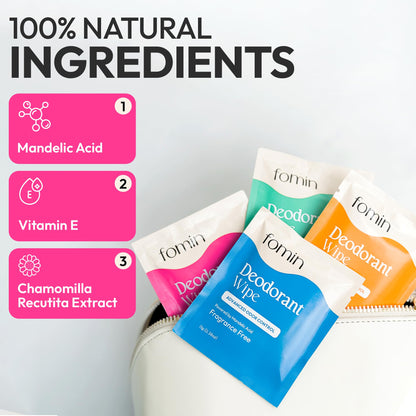 FOMIN Acidified Travel Deodorant Wipes – Patchouli Blossom, 50 Count, Plastic-Free & Biodegradable