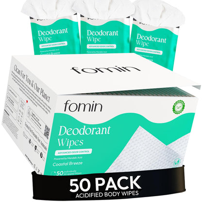 FOMIN Acidified Travel Deodorant Wipes Coastal Breeze – 50 Count, pH Balanced, Plastic-Free