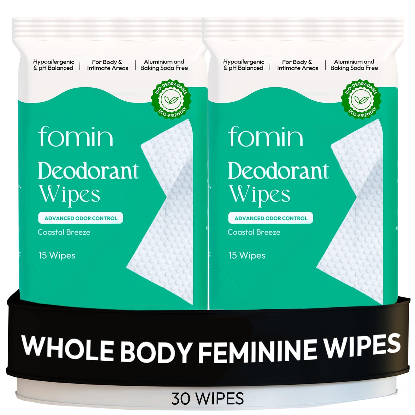 FOMIN Acidified Deodorant Wipes for Women – Coastal Breeze, 30 Ct | Hypoallergenic, pH-Balanced, Plastic-Free
