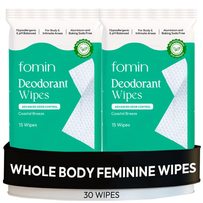 FOMIN Acidified Deodorant Wipes for Women – Coastal Breeze, 30 Ct | Hypoallergenic, pH-Balanced, Plastic-Free