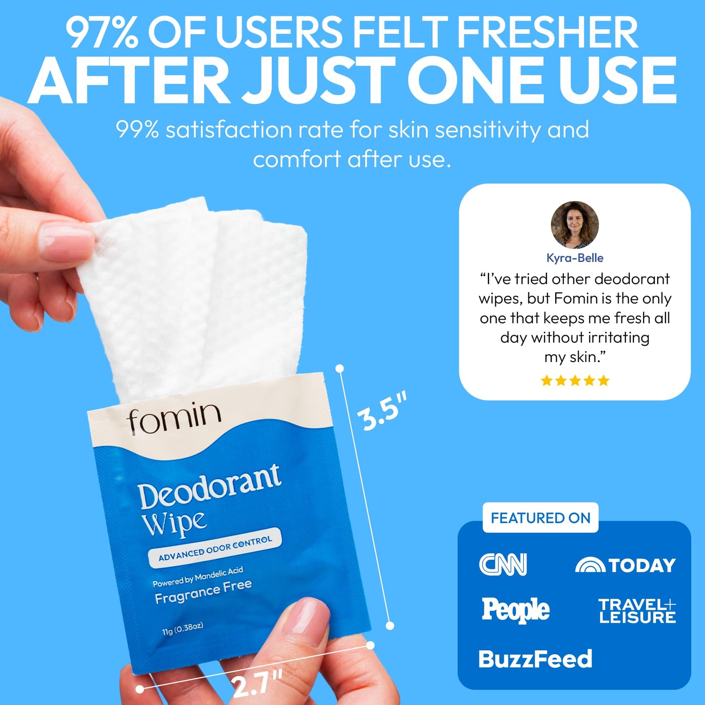 FOMIN Acidified Travel Deodorant Wipes for Women & Men - Fragrance-Free, pH-Balanced, Plastic-Free, 50 Count