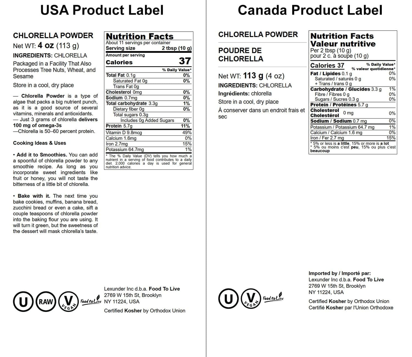 Food to Live Chlorella Powder - 4 oz | Kosher, Raw Green Algae, Vegan