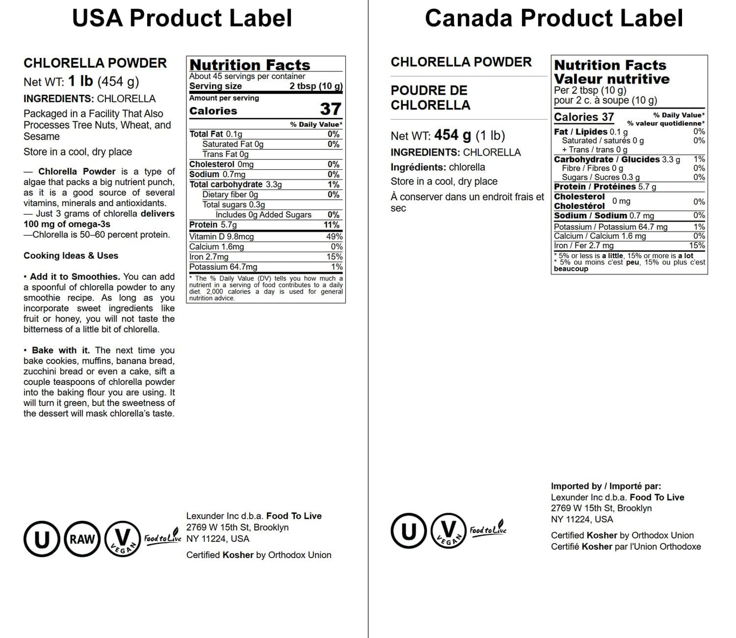 Food to Live Chlorella Powder 1 lb - Kosher, Raw Green Algae, Vegan Superfood