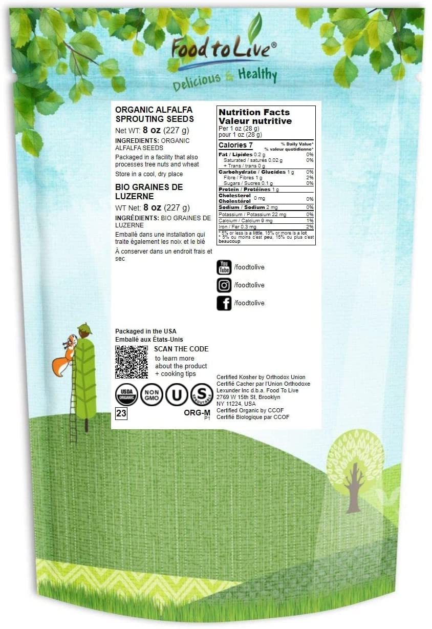 Food to Live Organic Alfalfa Sprouting Seeds - 8 oz, Non-GMO, Kosher, Raw