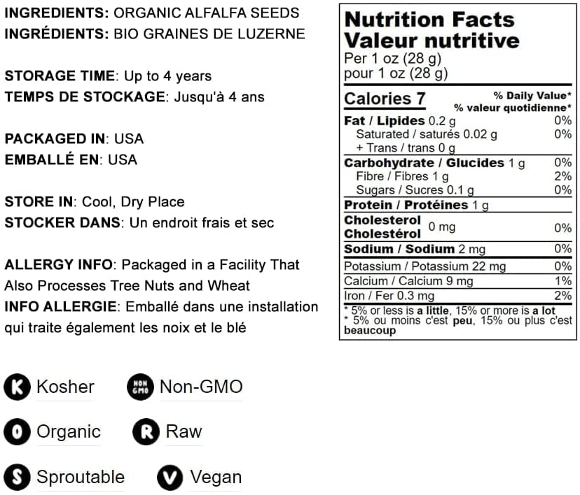 Food to Live Organic Alfalfa Sprouting Seeds - 8 oz, Non-GMO, Kosher, Raw
