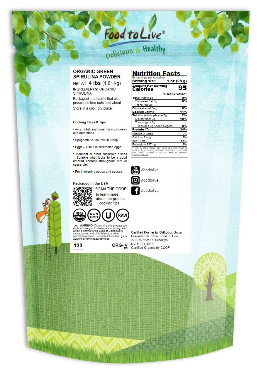Food to Live Organic Spirulina Powder - 4 lb | Non-GMO, Kosher, Raw