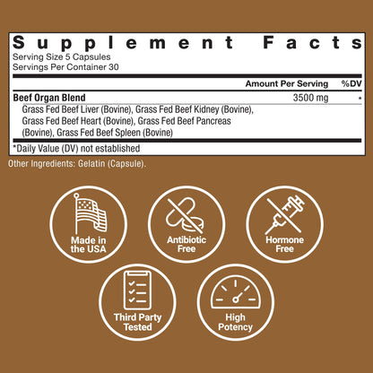 FORCE FACTOR Primal Origins Grass-Fed Beef Organs – Liver, Heart, Kidney, Pancreas & Spleen | 3500mg, 150 Capsules