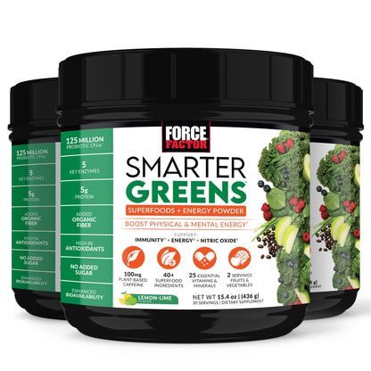 FORCE FACTOR Smarter Greens + Energy Powder – Lemon Lime, 90 Servings