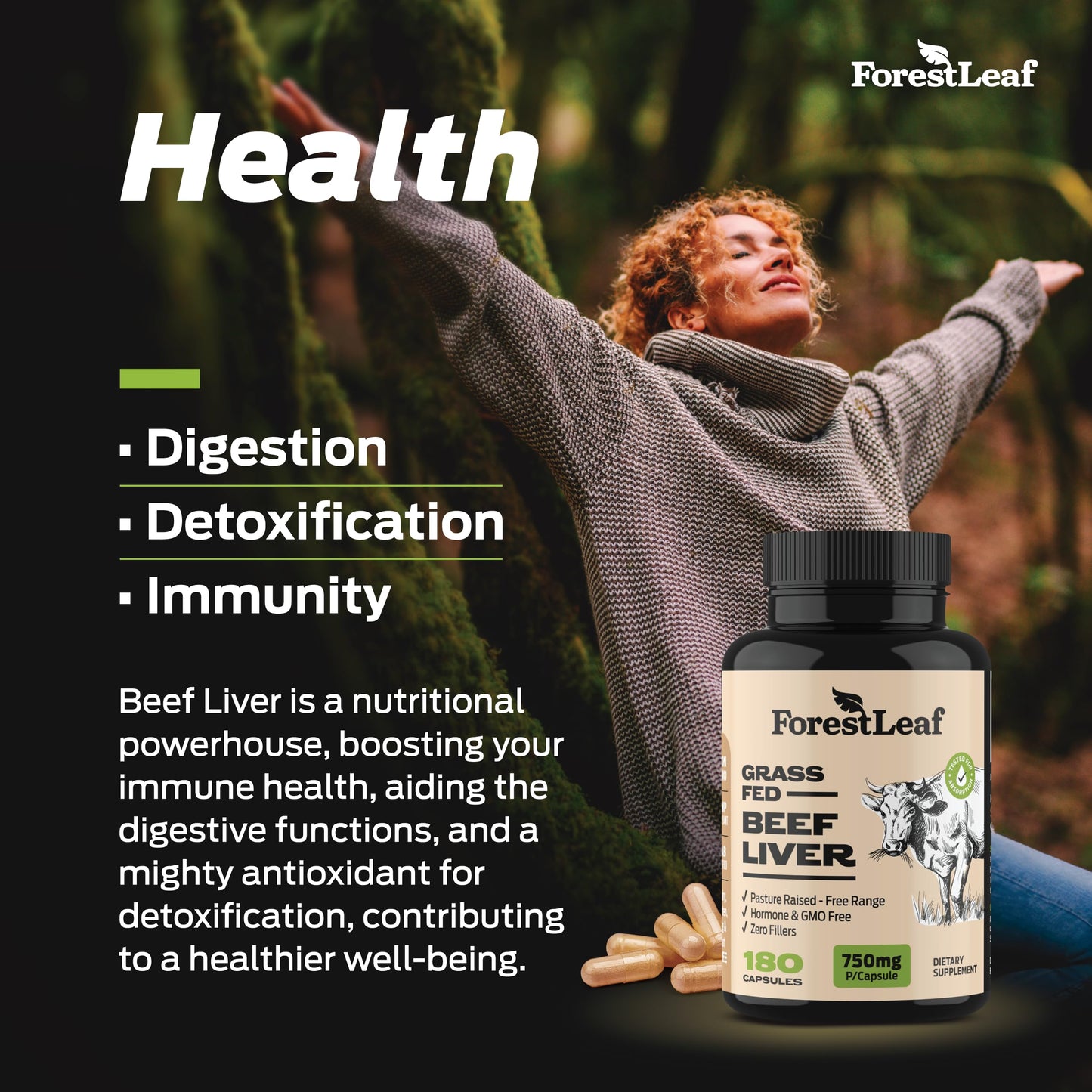 ForestLeaf Grass Fed Beef Liver Capsules - 3000mg per Serving, 180 Caps