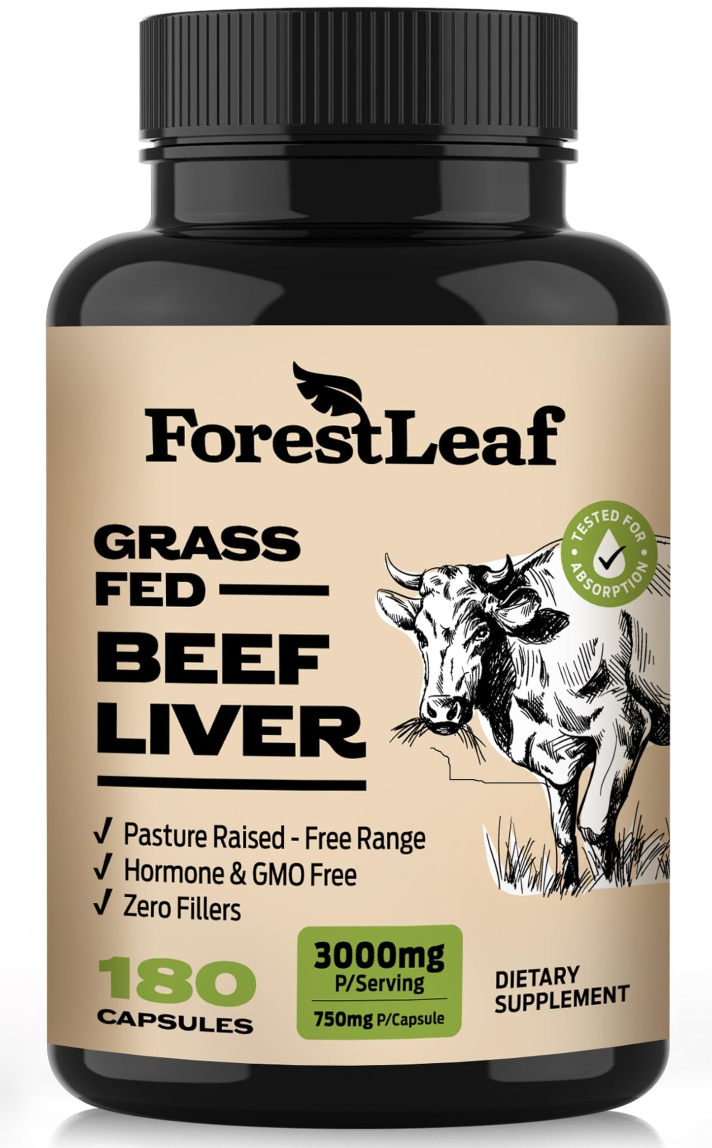 ForestLeaf Grass Fed Beef Liver Capsules - 3000mg per Serving, 180 Caps