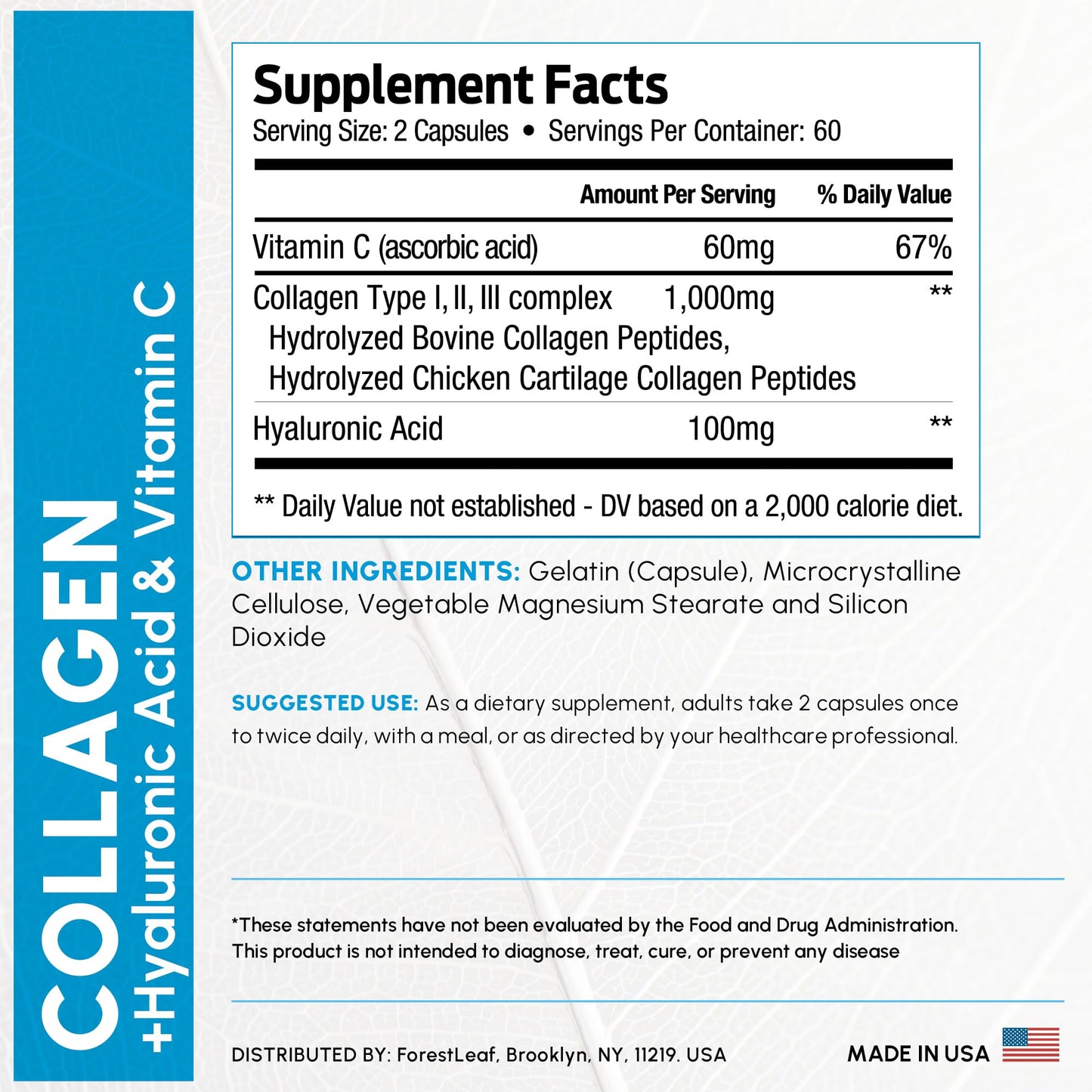ForestLeaf Multi Collagen Pills with Hyaluronic Acid + Vitamin C | Hydrolyzed Collagen for Skin, Joints, and Hair | 240 Capsules