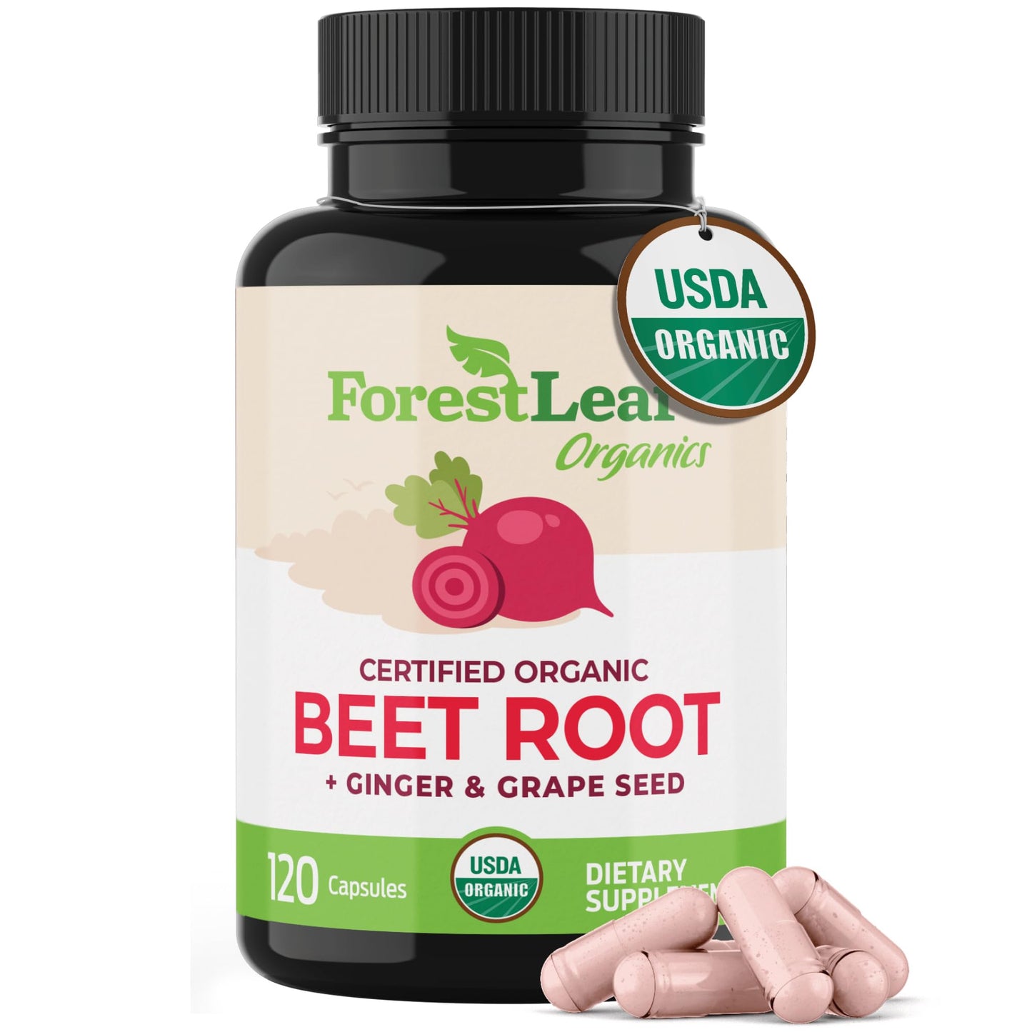 ForestLeaf Organic Beet Root Capsules – 20:1 Beet Extract with Ginger & Grape Seed | 120 Caps